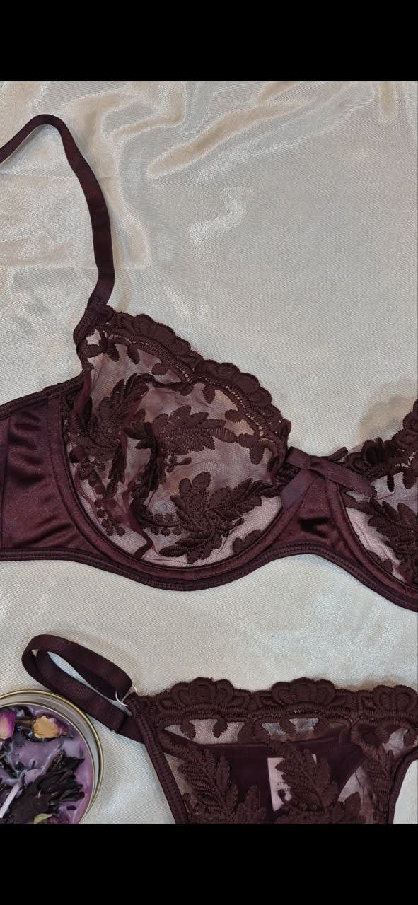 Lüks bordo çiçek dantelli balenli sütyen takımı