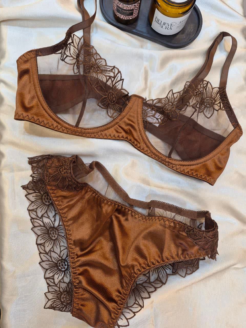 Lüks Tarçın Çiçek Dantelli Sütyen Takımı