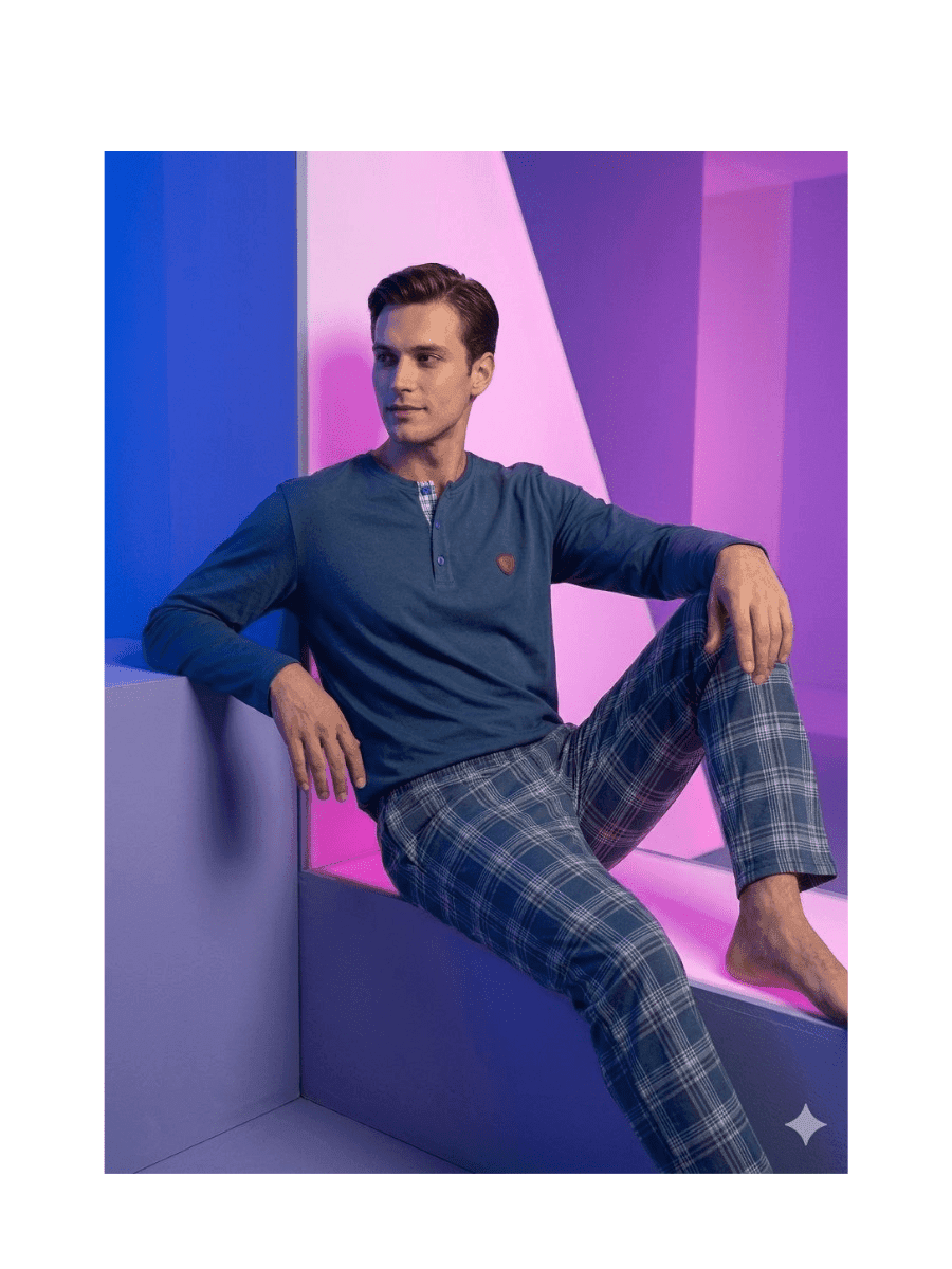 Mavi Ekose Günlük Konfor Erkek Pijama Takımı