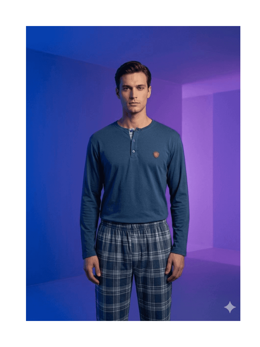 Mavi Ekose Günlük Konfor Erkek Pijama Takımı