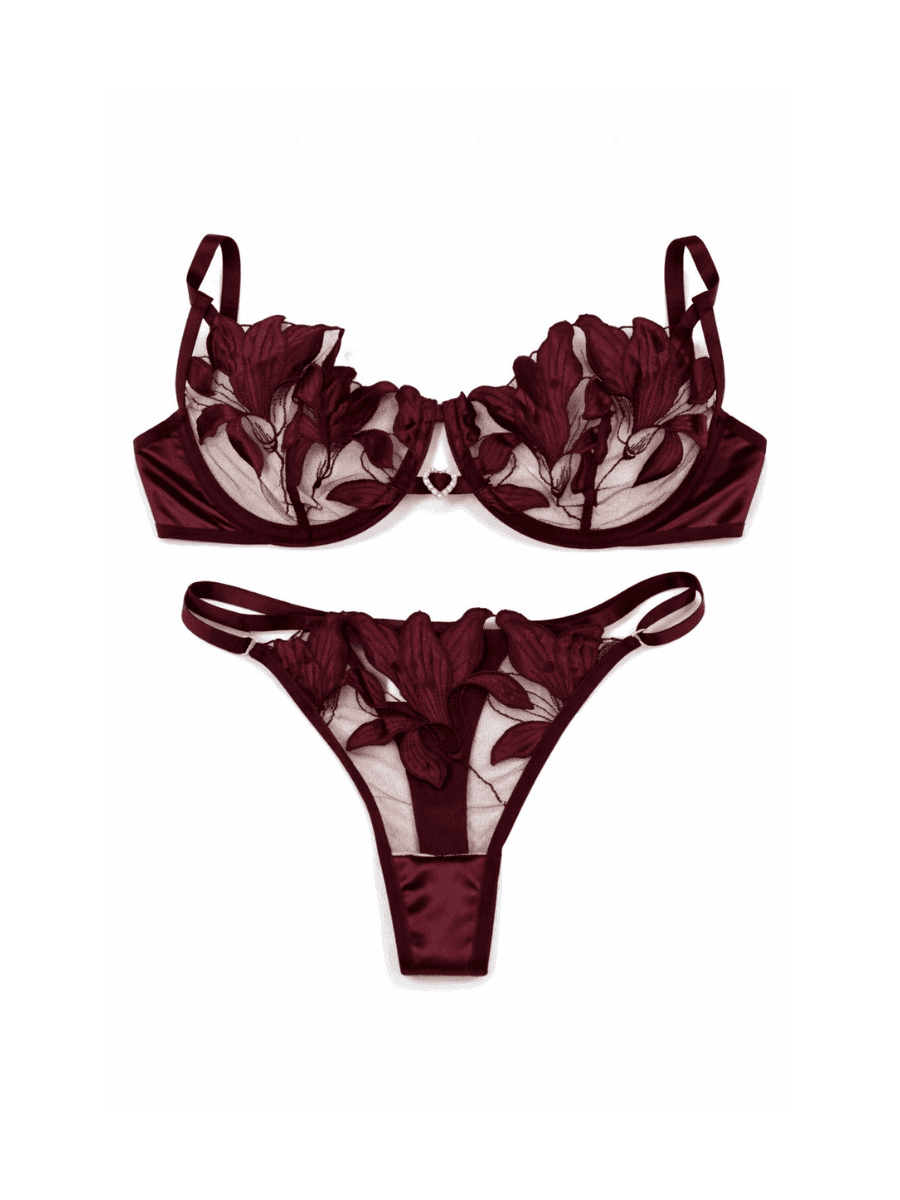 Velvet Lily Bordo – Lüks İşlemeli Sütyen Takımı
