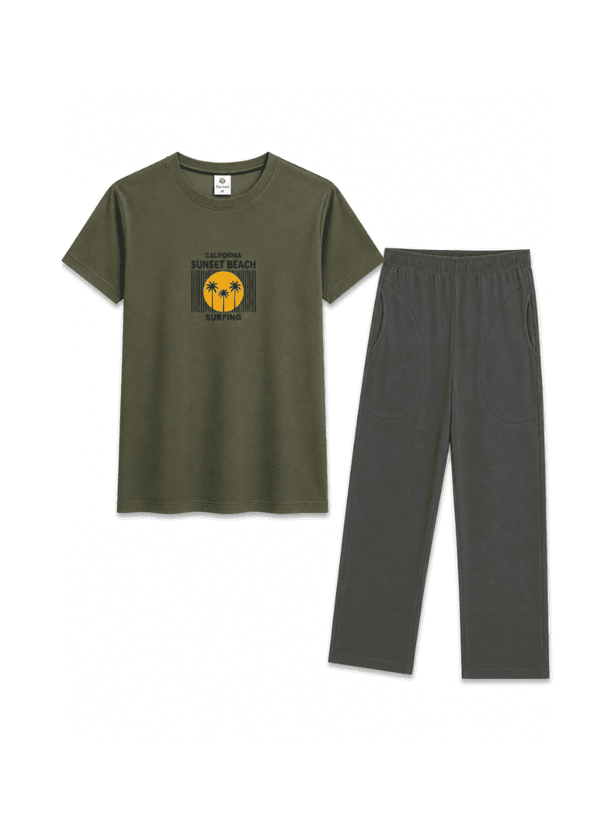 California Sunset Beach Erkek Pijama Takımı – Haki Tişört & Antrasit Pantolon %100 Pamuk