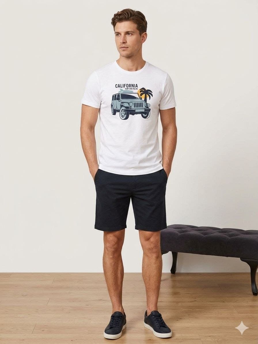 California Surf Erkek Şortlu Pijama Takımı – Beyaz & Siyah %100 Pamuk
